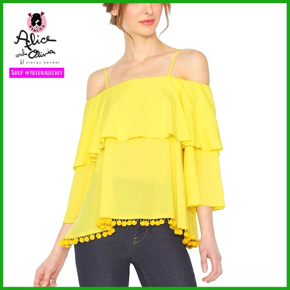 Alice + Olivia Meagan Yellow Ruffled Hem Spaghetti Top